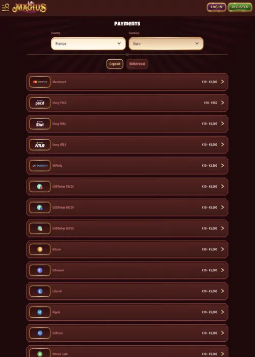 Retraits paiements rapides options Magius Casino